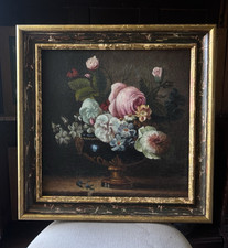 Original Oil Painting of Pink Chrysanthemums in Vase, Gold Framed Floral Still Life