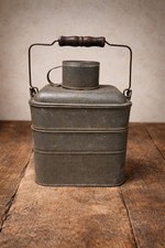Antique Style Tin Miner's Lunch Pail with Wooden Bail Handle and Nested Cup Lid — listing 4