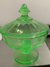 Green Depression Glass Footed Covered Candy Jar with Block/Panel Pattern