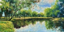 Vintage Original Oil Painting on Canvas, Alpine Mountain Lake Landscape with Cottage, Signed