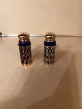 F.B. Rogers Silverplate Cobalt Glass Salt & Pepper Shaker Pair, Pierced Filigree Cases, listing 2