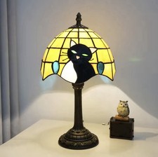 Tiffany-Style Stained Glass Table Lamp with Bronze Cat Base — listing 4