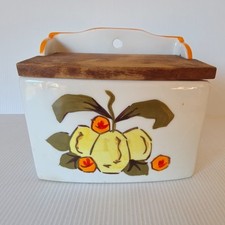 Vintage Japanese Ceramic Hanging Salt Box with Wooden Hinged Lid and Hand-Painted Floral Design — listing 4