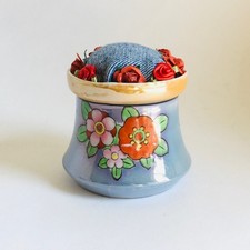 Vintage Lusterware Demitasse Cup & Saucer with Pink Velvet Pin Cushion — listing 3