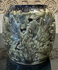 Handmade Studio Pottery Planter with Incised Oak Leaf and Acorn Design, Green Glazed Interior — listing 6
