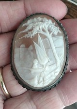 Antique Carved Shell Cameo Brooch, Left-Facing Woman in Profile, Ornate Silver-Tone Filigree Frame, listing 4