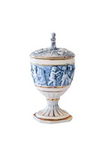 Pair of Italian Capodimonte-Style Covered Urns with Figural Cherub Finials and Relief Putti Scenes — listing 2