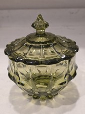 Vintage Green Glass Pedestal Candy Dish with Lid, Strawberry Pattern, Pointed Finial — listing 4