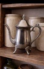 Vintage Silver Plate Footed Coffee Pot with Ornate Scroll Handle — listing 4