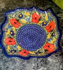 Polish Pottery UNIKAT Hand-Painted Stoneware Bowl, Blue Floral Pattern