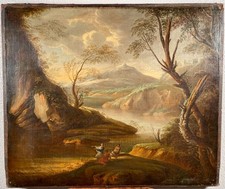 Vintage Italian Landscape Oil Painting, Bay of Naples with Umbrella Pines and Vesuvius, Ornate Gilt Frame