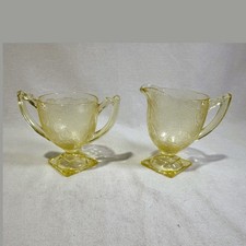 Yellow Depression Glass Square Luncheon Plate with Floral/Scroll Rim Pattern, listing 5
