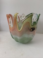Vintage Hand-Blown Art Glass Splash Bowl with Freeform Pulled Points, Pale Green Swirl