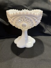 Vintage White Milk Glass Pedestal Compote with Embossed Grape & Leaf Pattern — listing 2