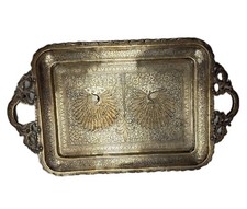 Vintage Indian Etched Brass Triangular Trinket Dish with Peacock Motif — listing 5