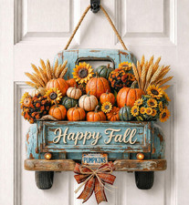 Farmhouse Fall Throw Pillow, Embroidered Vintage Truck with Pumpkins, Hayrides Apples Cider