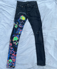 Mackeen Distressed Light Wash Denim Jeans with Neon Skull Graphic — listing 2