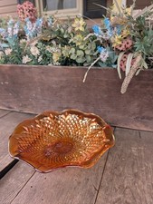 Marigold Carnival Glass Oval Handled Relish Dish with Lily Pad / Water Lily Pattern — listing 3