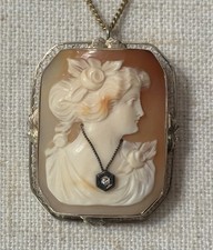 14K Gold Shell Cameo Pin/Pendant, Carved Left-Facing Woman, Ornate Scrolled Frame, listing 4