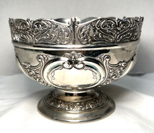 Vintage Silver-Plated Repoussé Footed Compote / Centerpiece Bowl with Rose Motif and Scroll Handles — listing 5