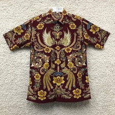 Batik Keris Men's Long-Sleeve Batik Shirt, Red/Gold/Brown Floral Print, Size 17 — listing 2