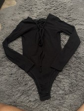 Missguided Black Ribbed Long Sleeve Bodysuit, Square Neck, UK 12 — listing 4