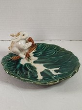 Vintage Ceramic Figural Rabbit Cabbage Leaf Relish / Celery Tray with Bunny Handles — listing 3