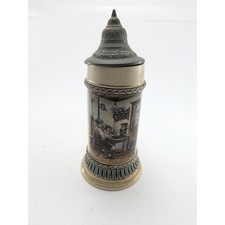 Vintage German Pewter Lidded Beer Stein with Relief Tavern Scene, Silver-Tone, 6" Tall