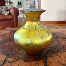 Hand-Blown Art Glass Vase with Blue & White Pulled Feather / Peacock Design and Iridescent Gold Interior