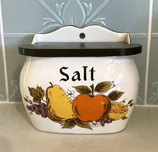 Vintage Japanese Ceramic Hanging Salt Box with Wooden Hinged Lid and Hand-Painted Floral Design — listing 5