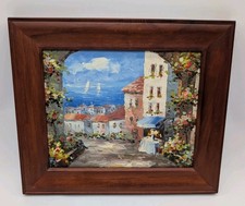 Framed Mediterranean Coastal Village Print (Portofino/Amalfi Style), Cherry Wood Frame with Teal Mat — listing 6