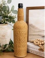 Vintage Wicker-Wrapped Glass Wine Bottle / Decanter with Woven Rattan Cover and Handle