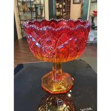 Amberina Pressed Glass Sawtooth-Rim Bowl, Hobstar & Fan Pattern, 3" x 6"