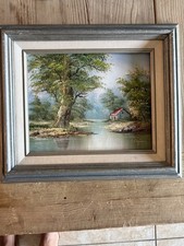 Original Oil Painting of a French Blue Upholstered Settee, Signed, listing 5