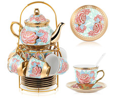 17-Piece Porcelain Tea Set with Raised Floral Magnolia Design in Original Gift Box — listing 2