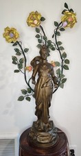 Antique Figural Spelter Table Lamp with Seated Classical Maiden and Frilled Glass Shades — listing 6