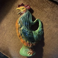 Vintage Hand-Painted Rooster Ball Pitcher, Yellow Ware Style