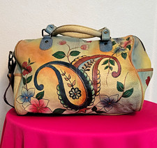 Anuschka Hand-Painted Leather Satchel Shoulder Bag with Tropical Lily Design — listing 6