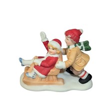 Porcelain Winter Sledding Children Figurine, Blue and White — listing 5