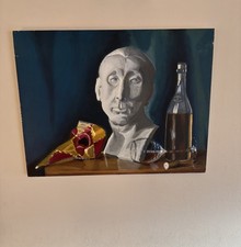 Original Impressionist Oil Painting Still Life with Wine Bottles and Glasses, Signed, Gilt Framed — listing 4