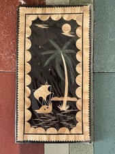 Vintage Tropical Palm Tree & Tiki Hut Straw/Rice Straw Marquetry Art in Faux-Bamboo Gilt Frame — listing 4
