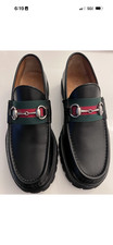 Gucci Men's Red Pebbled Leather Horsebit Driving Loafers with Web Stripe — listing 5