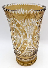 Bohemian Amber Cut-to-Clear Crystal Footed Vase with Cut & Frosted Daisy Motif — listing 3