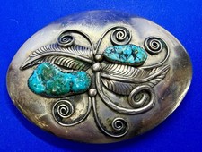 Vintage Southwestern Style Oval Belt Buckle with Turquoise Stones and Feather Motif — listing 2