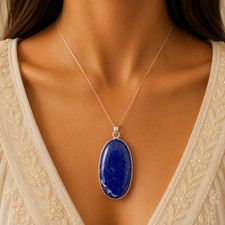 Sterling Silver Bezel-Set Oval Lapis Lazuli Pendant on 21" Sterling Rolo Chain — listing 4