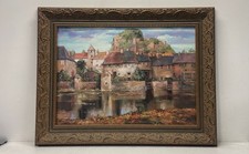 Large Framed Oil Painting of Victorian Village Scene with Cottages and Autumn Trees — listing 4