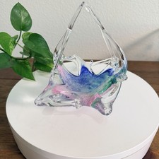 Hand-Blown Art Glass Basket Vase, Cobalt Blue and White Swirl, Murano Style — listing 2