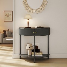 Vintage Demilune Console/Side Table with Turned Column Legs and Lower Shelf
