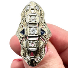 20K White Gold Men's Ring with Blue Cabochon Sapphire and Two Diamond Accents Natural sapphire + real diamonds — listing 3