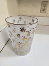 Vintage Clear Glass Trumpet Vase with Gold Gilt Grape Leaf Design and Banding — listing 2